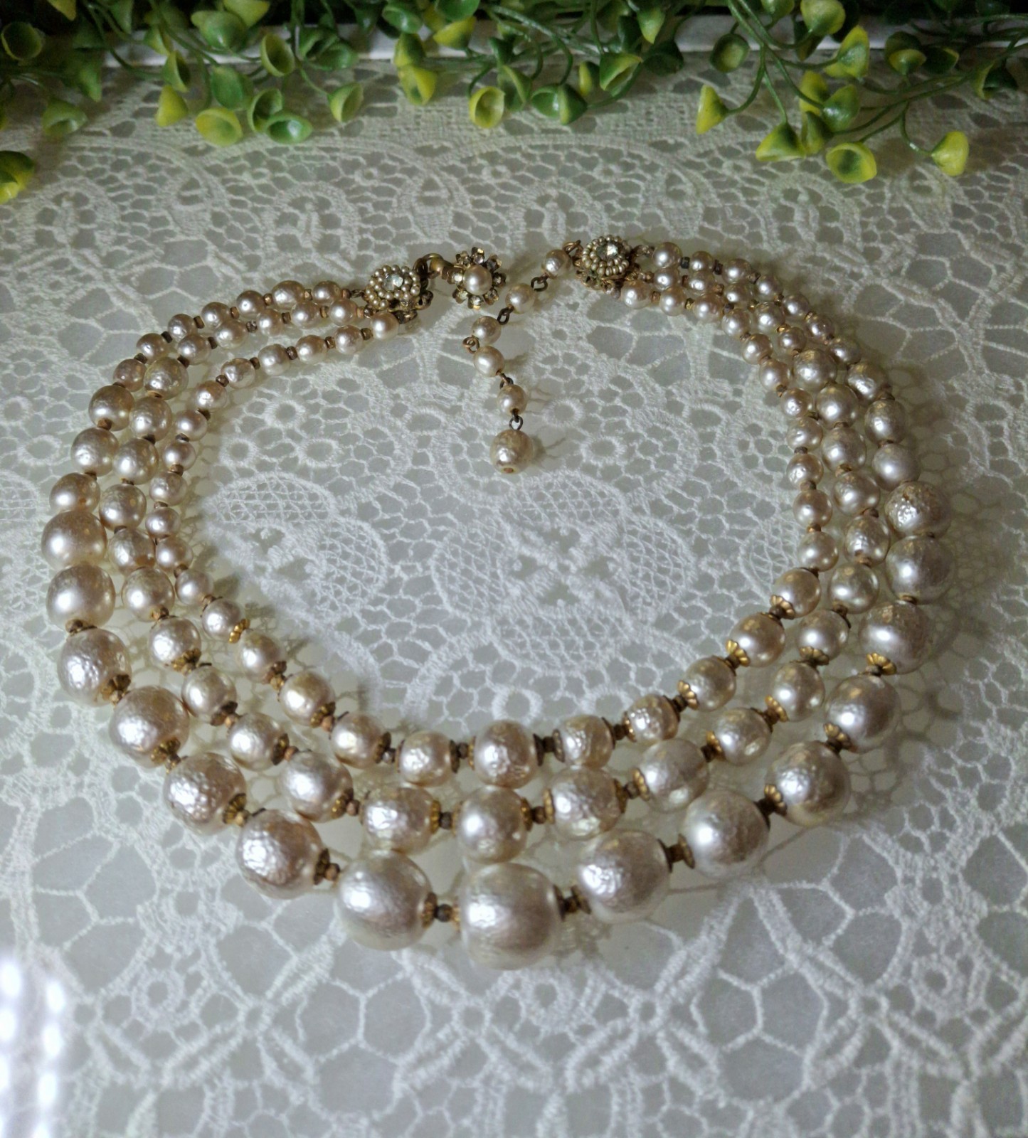 Early Signed Miriam Haskell 3 Strand Silver Niki Baroque Pearl Necklace