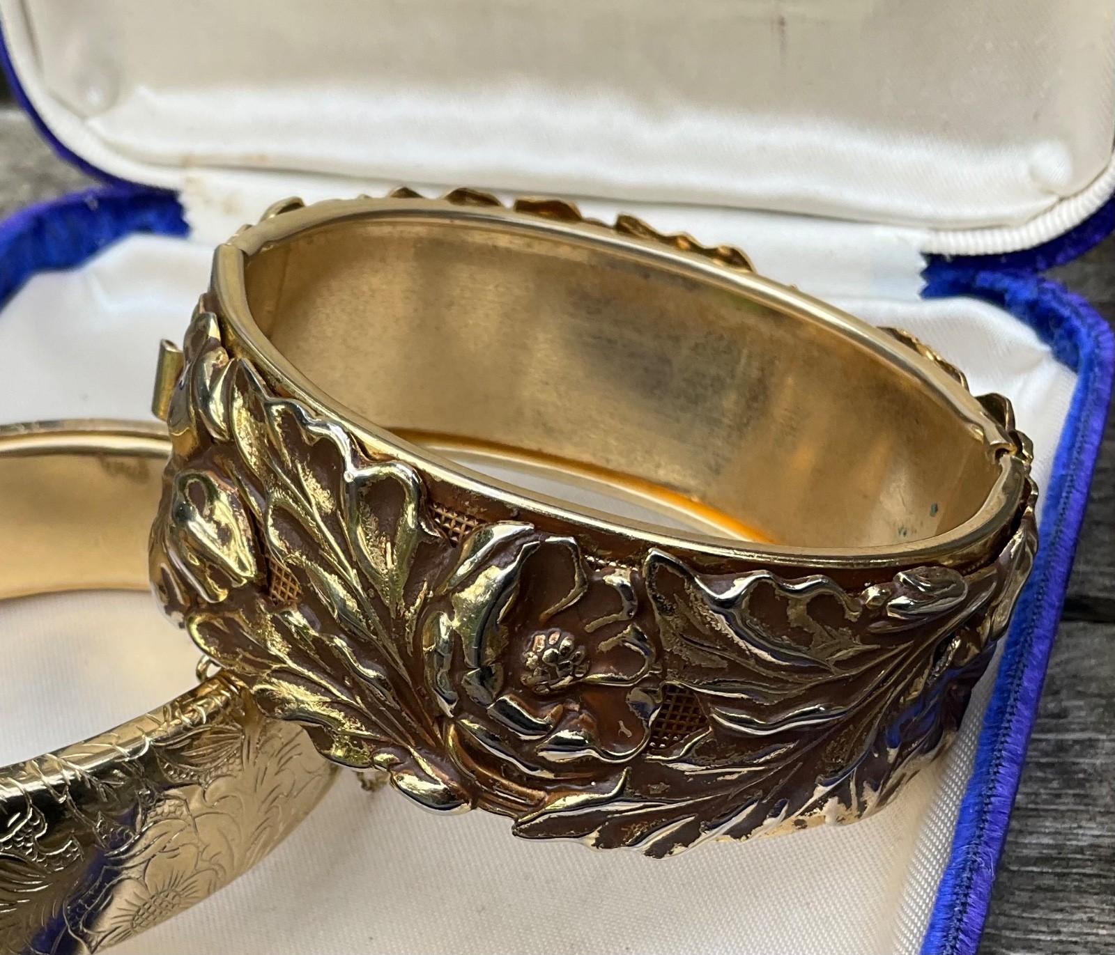 Vintage CUFF BANGLE BRACELETS Repousse Floral Nouveau Wide Gold Tone Finish