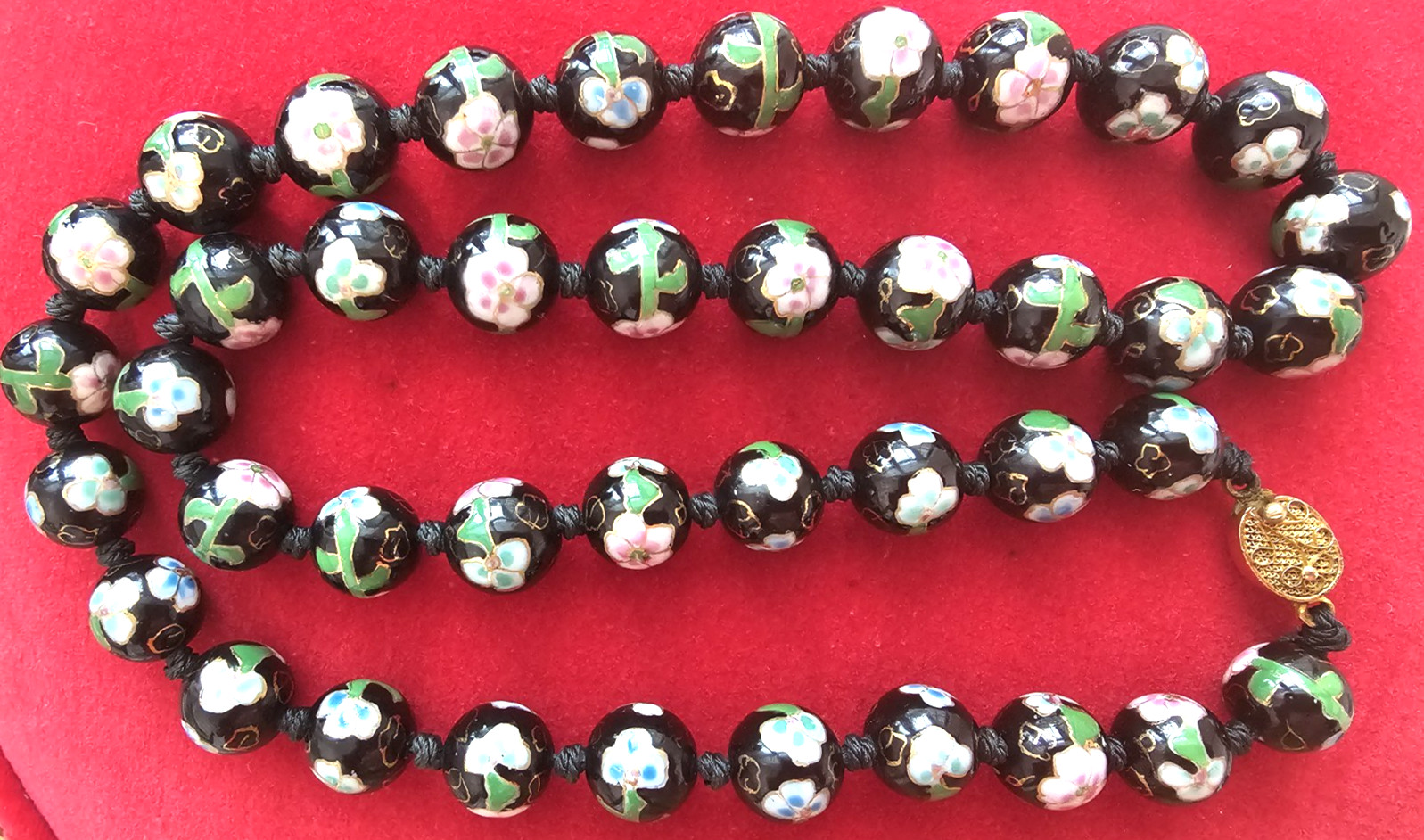Vintage Cloisonne Bead Necklace Hand Knotted Glass Floral Flower Multi Color