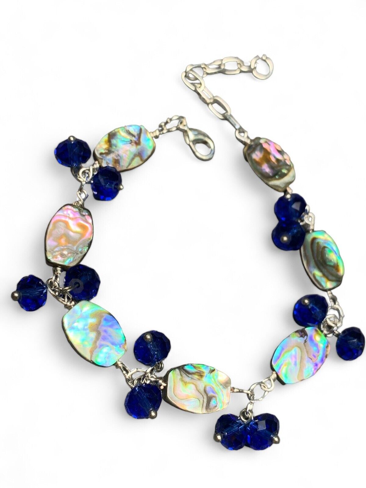 Vintage Beach Ocean Theme Abalone Shell Blue Crystal Bracelet 7.5”-9”