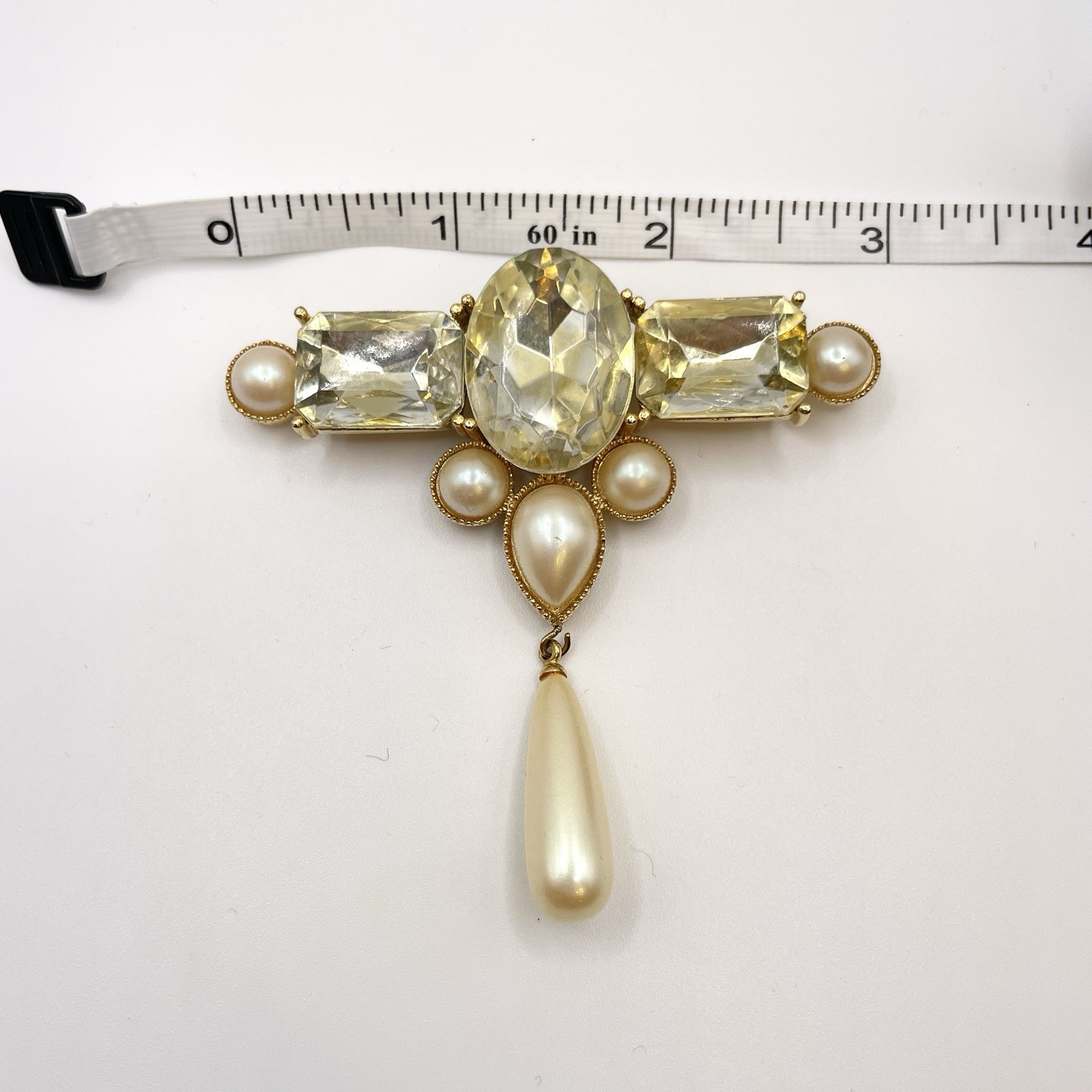 Vintage Richelieu Brooch Gold Faux Pearl & Yellow Glass Crystal Pin 1980s 1990s