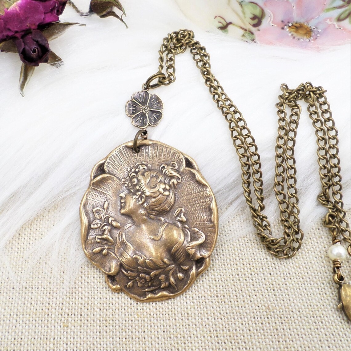 Brass Cameo Maiden Necklace, Art Nouveau Romantic Handmade Victorian Jewelry