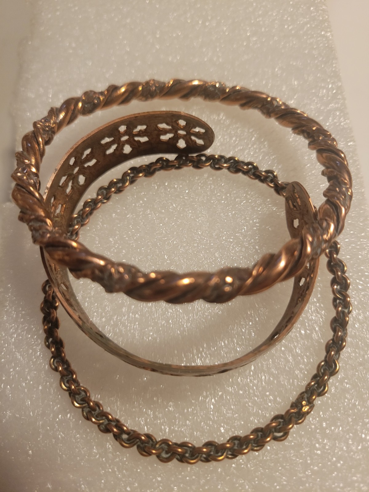 VINTAGE 3 Copper Bangle Bracelet 7 1/2″ To 8″ 3/4″ 1/4″ 1/5″ Wide Twist Floral