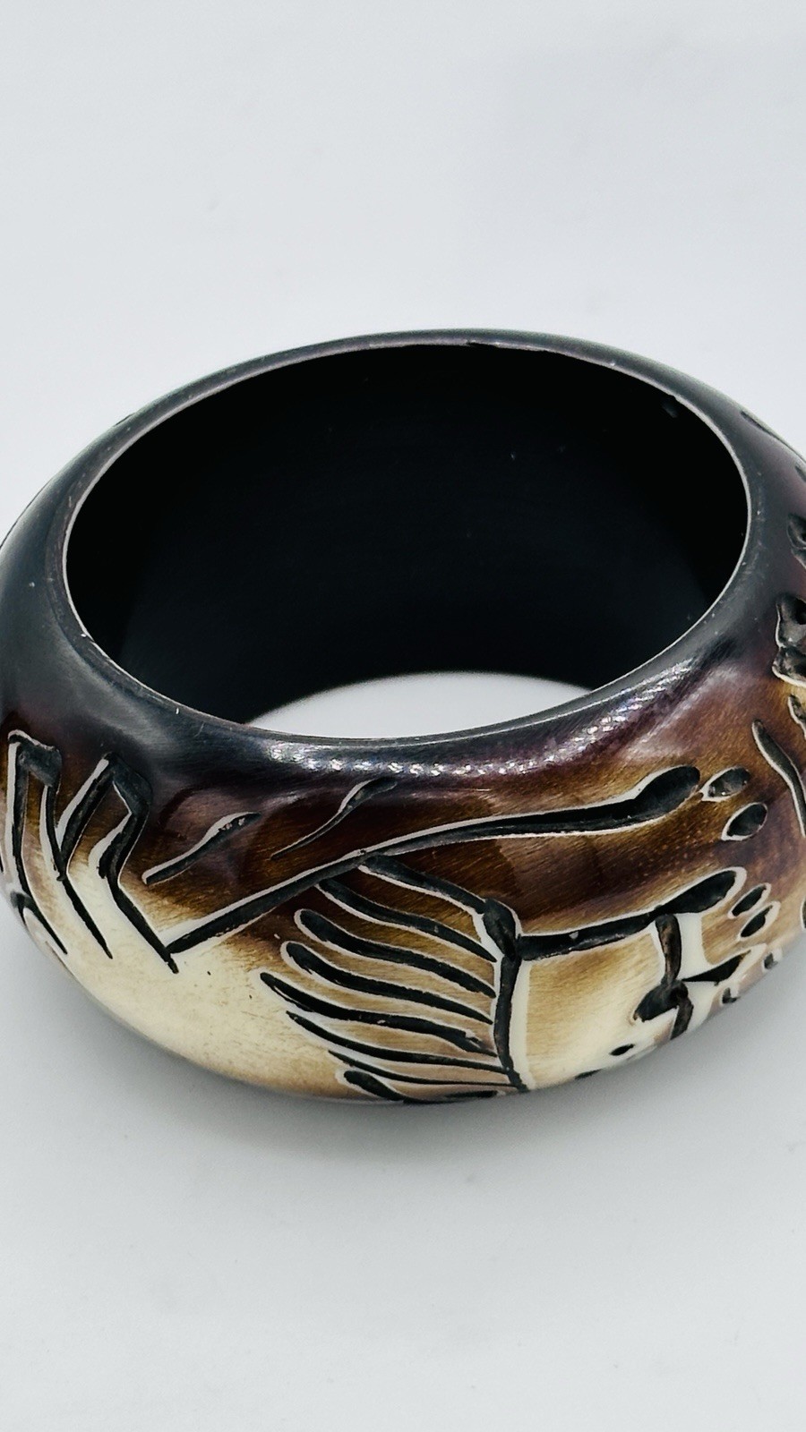 Vintage Wide Carved Bangle Bracelet Tribal Safari Animal Brown Cream Statemen