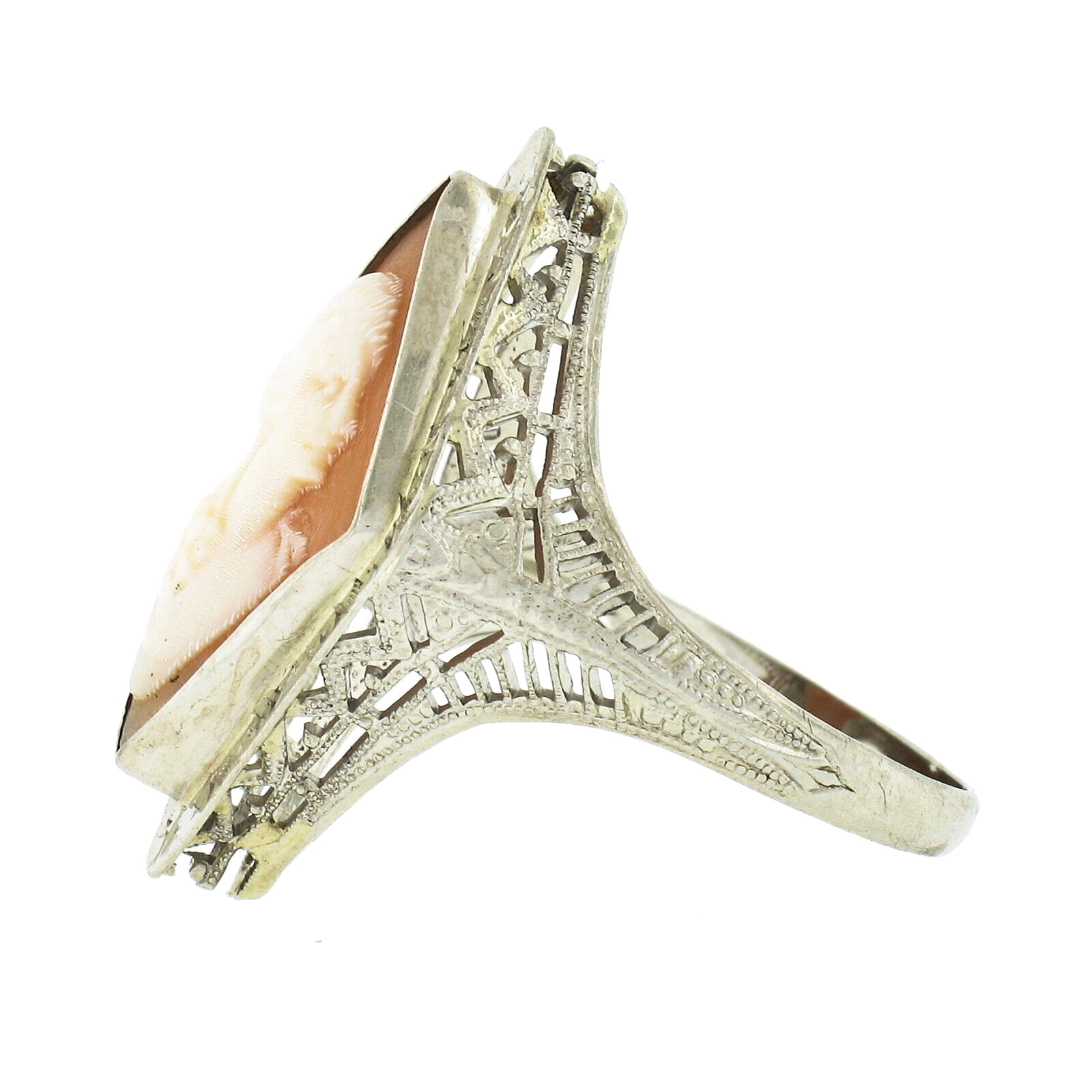 Antique Art Deco 14K White Gold Lozenge Shape Carved Shell Cameo Filigree Ring