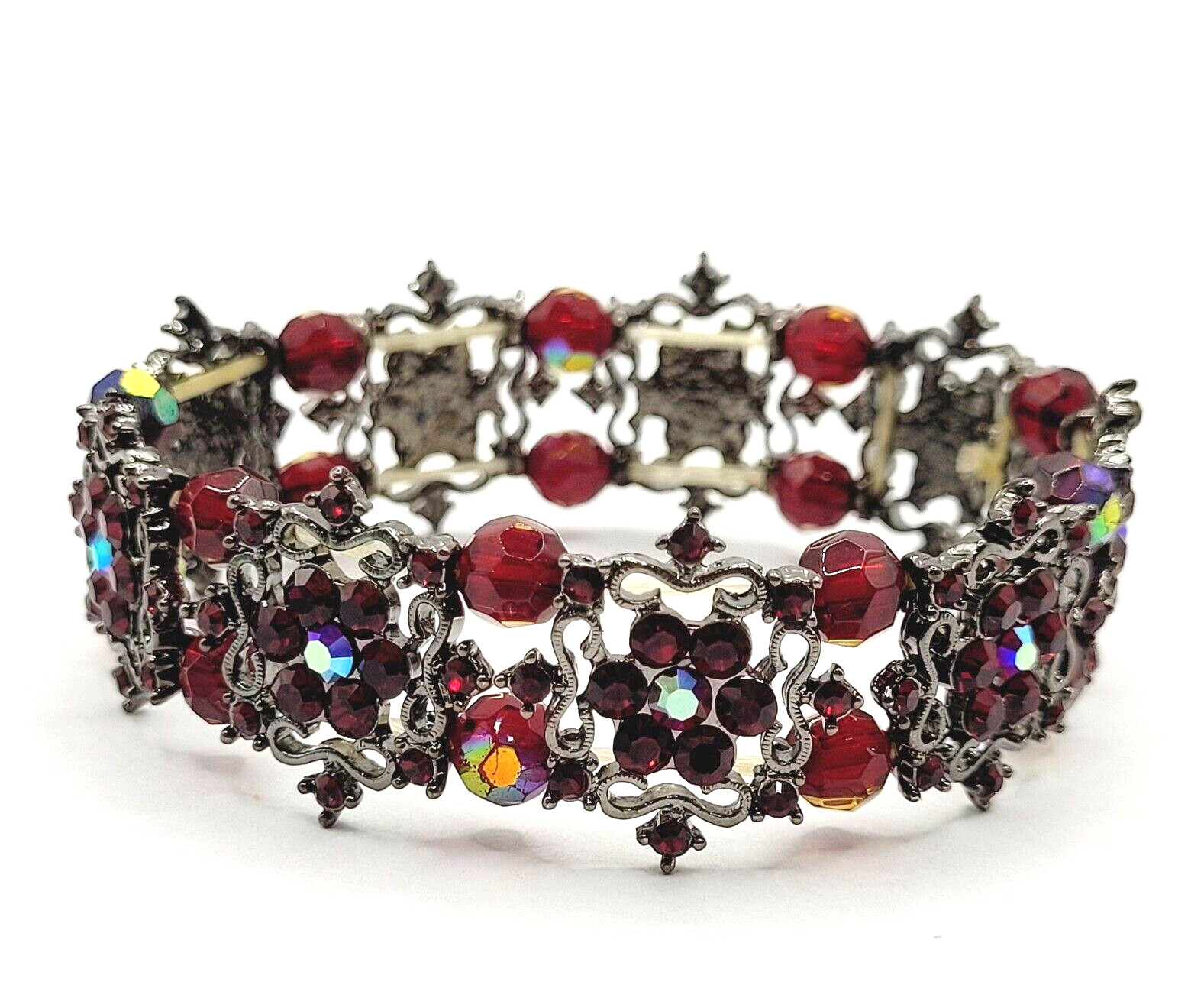Red AB Crystal Sparkle Flower Floral Metal Ornate Fancy Event Stretch Bracelet
