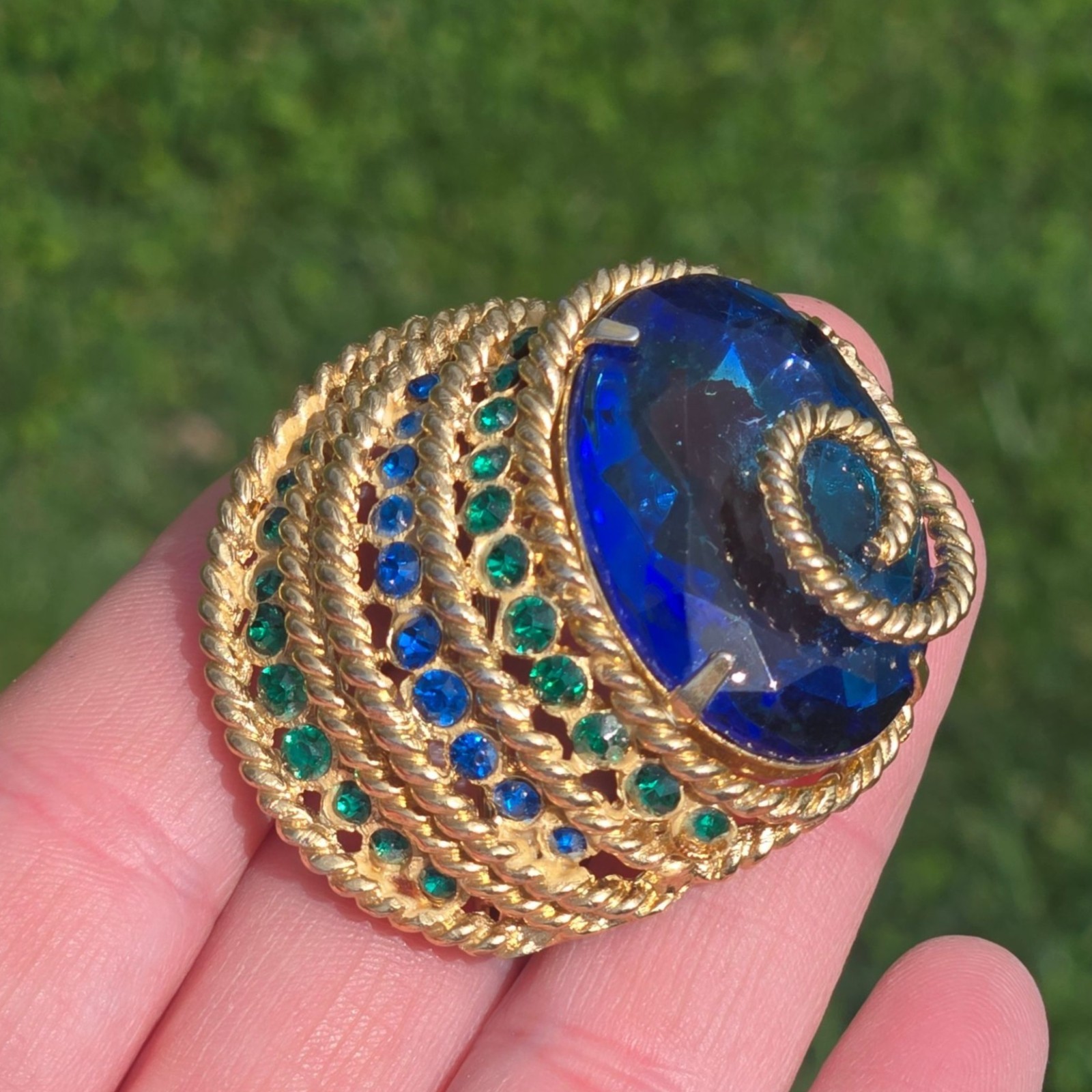 Vintage Corocraft Blue Glass Brooch Rhinestone Designer Jewelry Egyptian Revival
