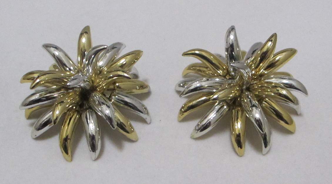 Huge 2-3/8” Diameter 1-1/5” Tall 2-Tone Gold Silver Tone Fireworks Clip Earrings