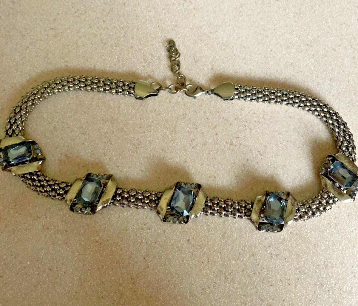 a:c AC choker necklace Smoky grey white rhinestones antiqued gold tone F97