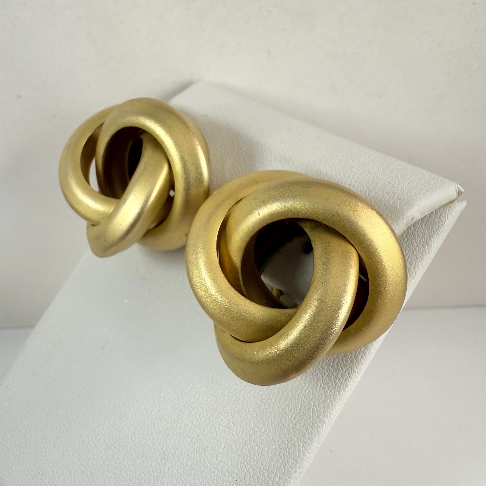 Vintage Chunky Knotted Satin Gold Tone Omega Back Clip on Earrings