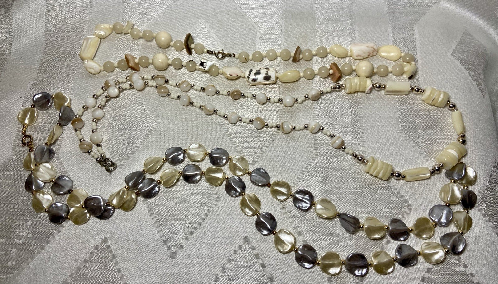 3 Piece Vintage Beaded Statement Necklace Lot, White & Grey Abstract, Layering