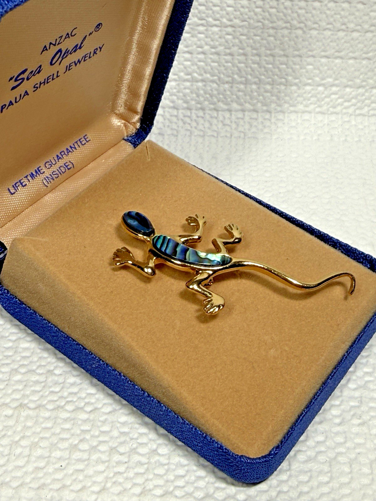 Vintage Sea Opal GECKO Pin ANZAC Paua Shell Brooch Jewelry NIB Gold Plated