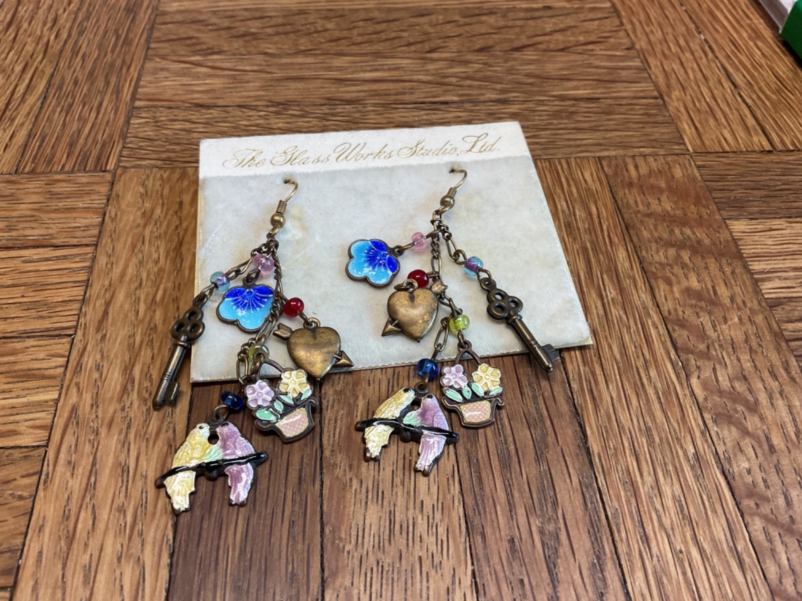 Vintage Glass Works Studio Asymmetrical Charm Earrings Birds Keys Hearts