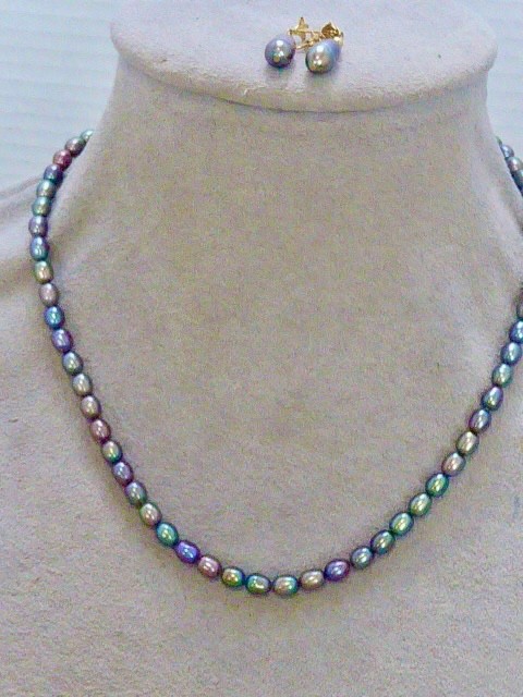 16.5 ” CULTURED gray blue PEARL KNOTTED NECKLACE 14K W GOLD CLASP & EARRINGS