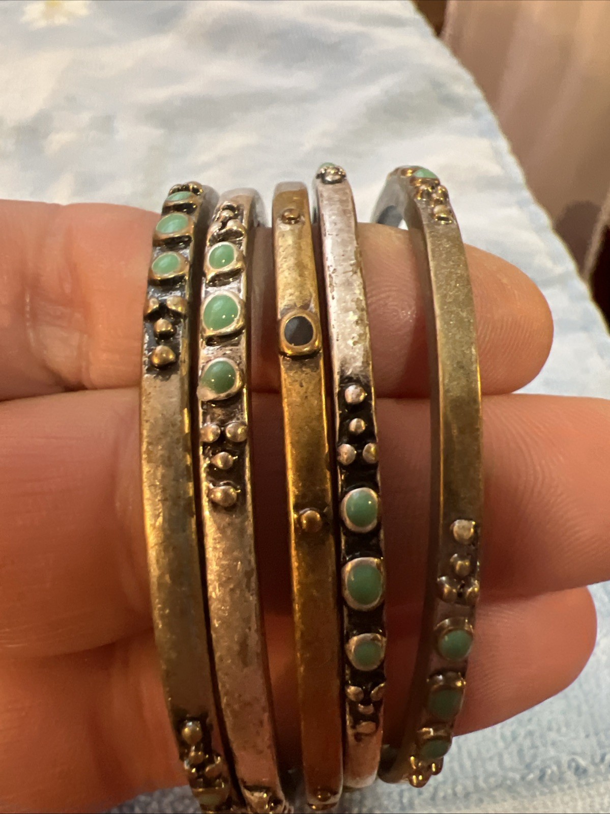 Vtg Brass Silver Tone 5 Stacking Southwest Turquoise Enamel Bangle Bracelet Lot