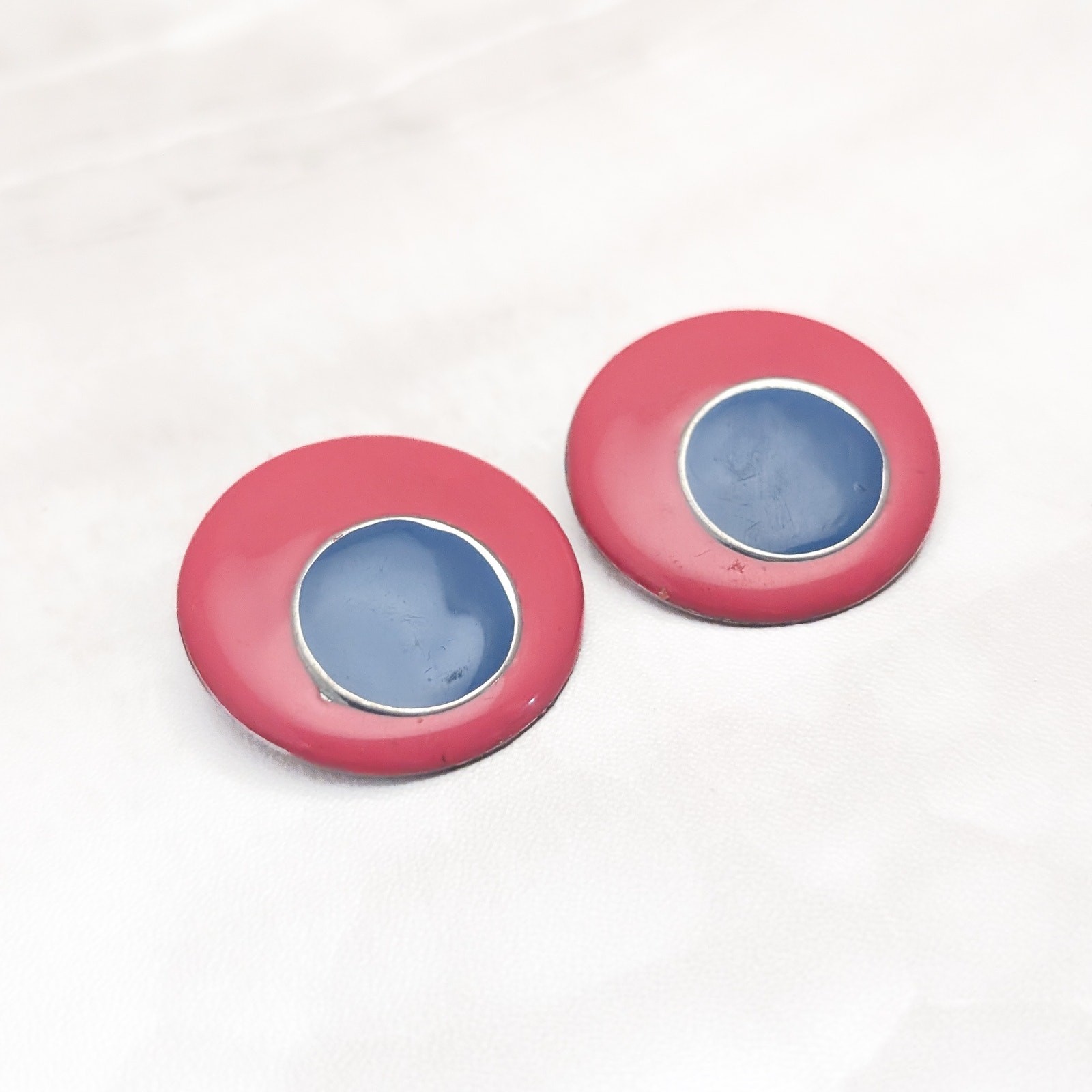 Vintage Clip On Earrings Large 1.25″ Muted Pink & Blue Contrasting Statement