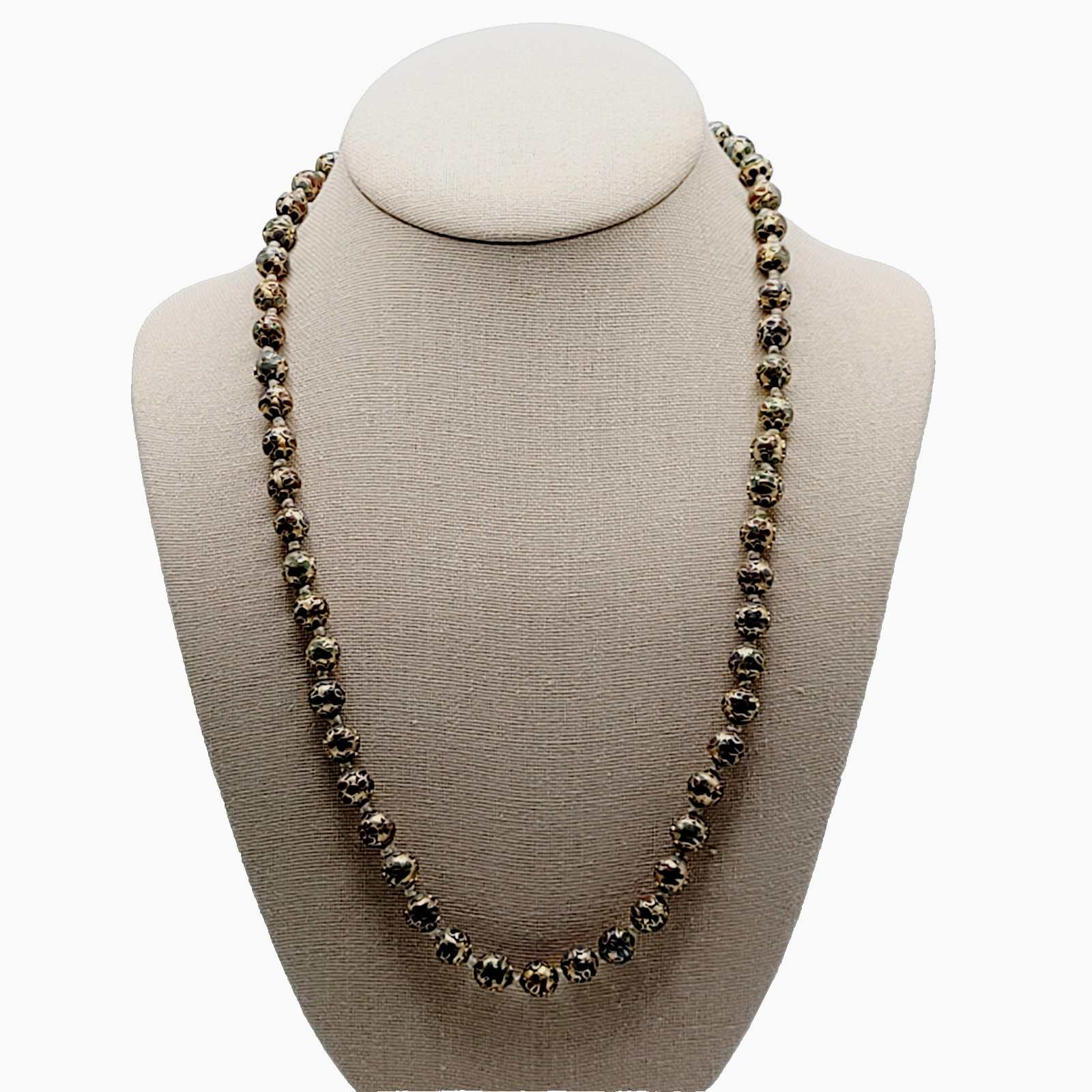 Chinese Cloisonné Floral Bead Hand Knot Circa 1930s Beaded Necklace 23 Inch