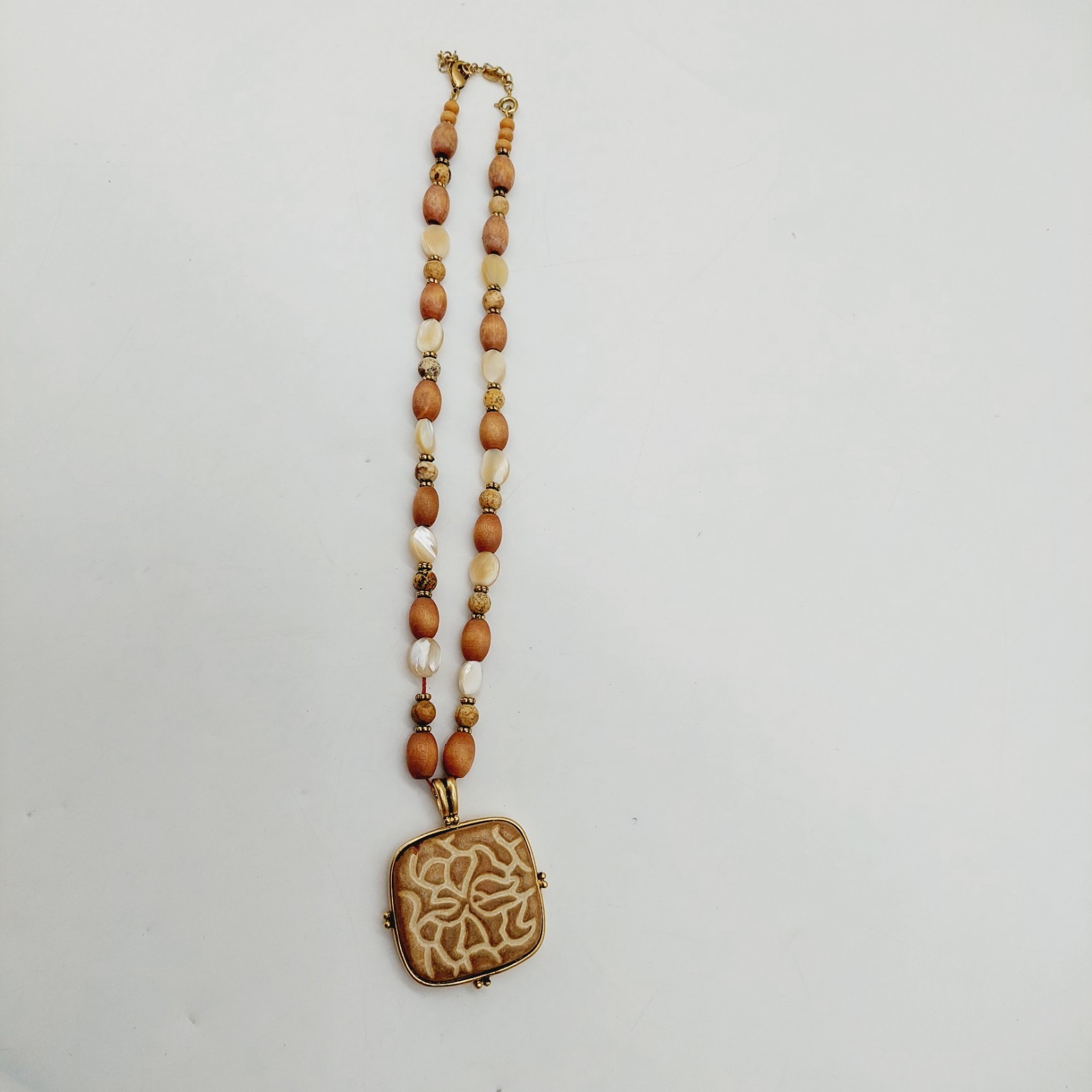 Monet Wood Shell Beads Ceramic Pendant Necklace