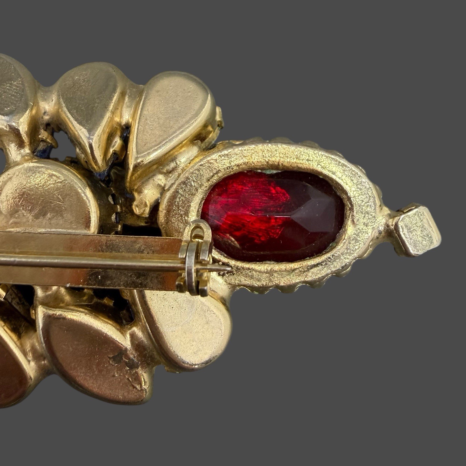 Vintage Gold Tone Red Cab Purple Pink Rhinestone Floral Linear Bar Brooch