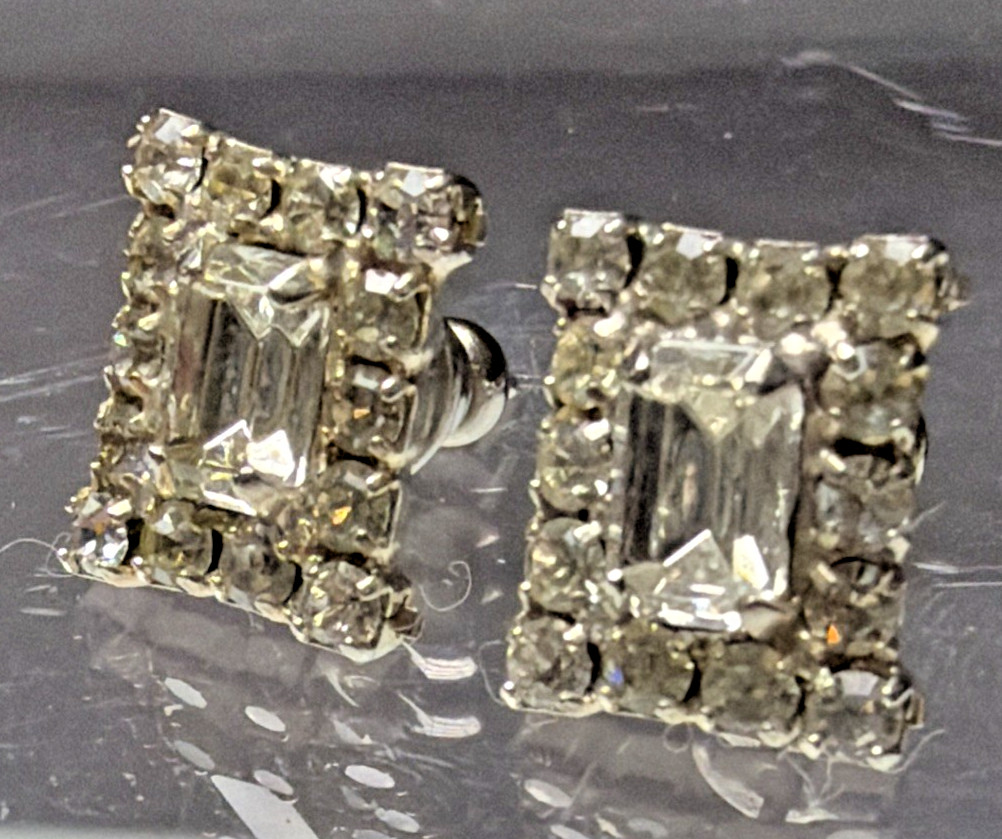 Vintage Emerald Cut Baguette Rhinestone Halo Cluster Pierced Earrings Prong Stud