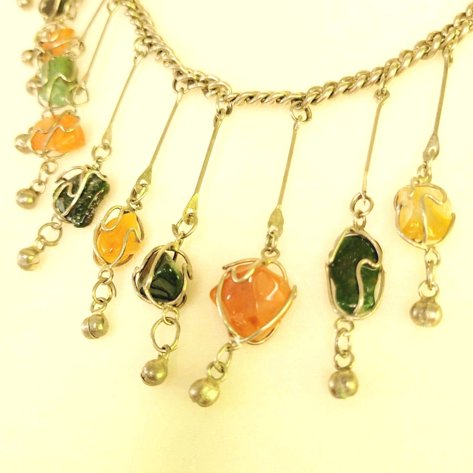 Vtg Wire Wrapped Caged Gemstone Agate Necklace Bib Dangle 21″ 1970s Boho Silver