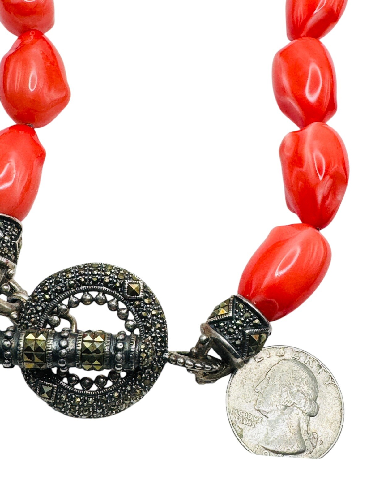 Sterling Silver Red Stone Marcasite Necklace Large Toggle Clasp 18″