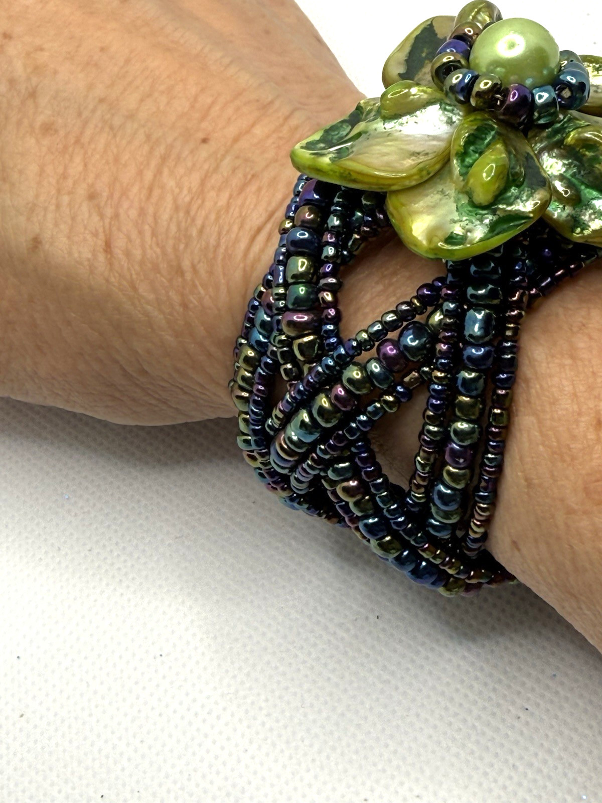 Vintage MOP Shell Flower Cuff Bracelet Iridescent Seed Bead Multi Strand Boho