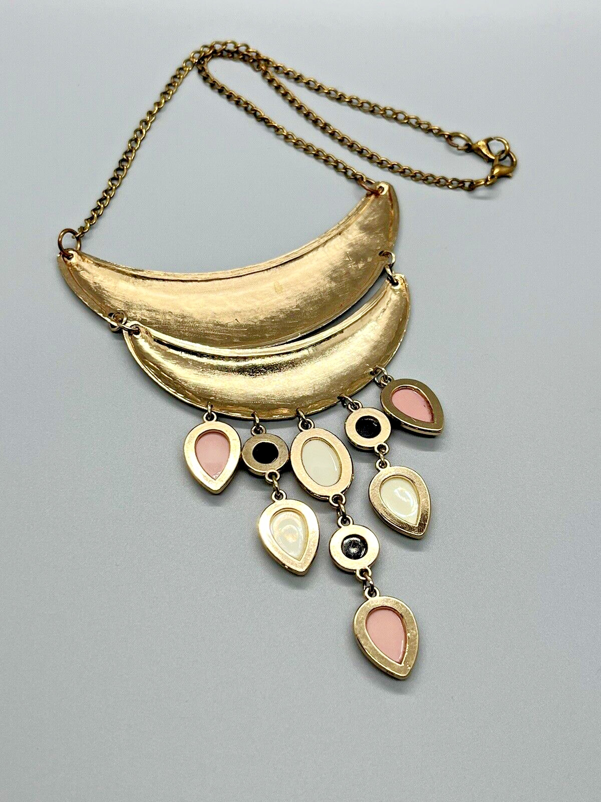 Gold Bib Vintage Necklace with Pink, Black and Ivory Cabochons – 18 Inches