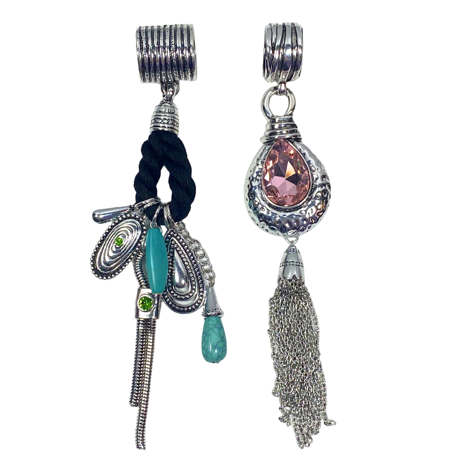 Set of 2 Large 6″ Turquoise Pink Rhinestone Scarf Slider Necklace Pendants