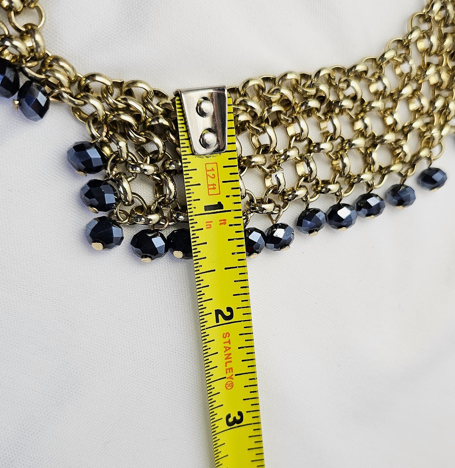 Gold Tone Chain Mail Blue Bead Bib Necklace Collar Fringe Dangling Beads Vintage