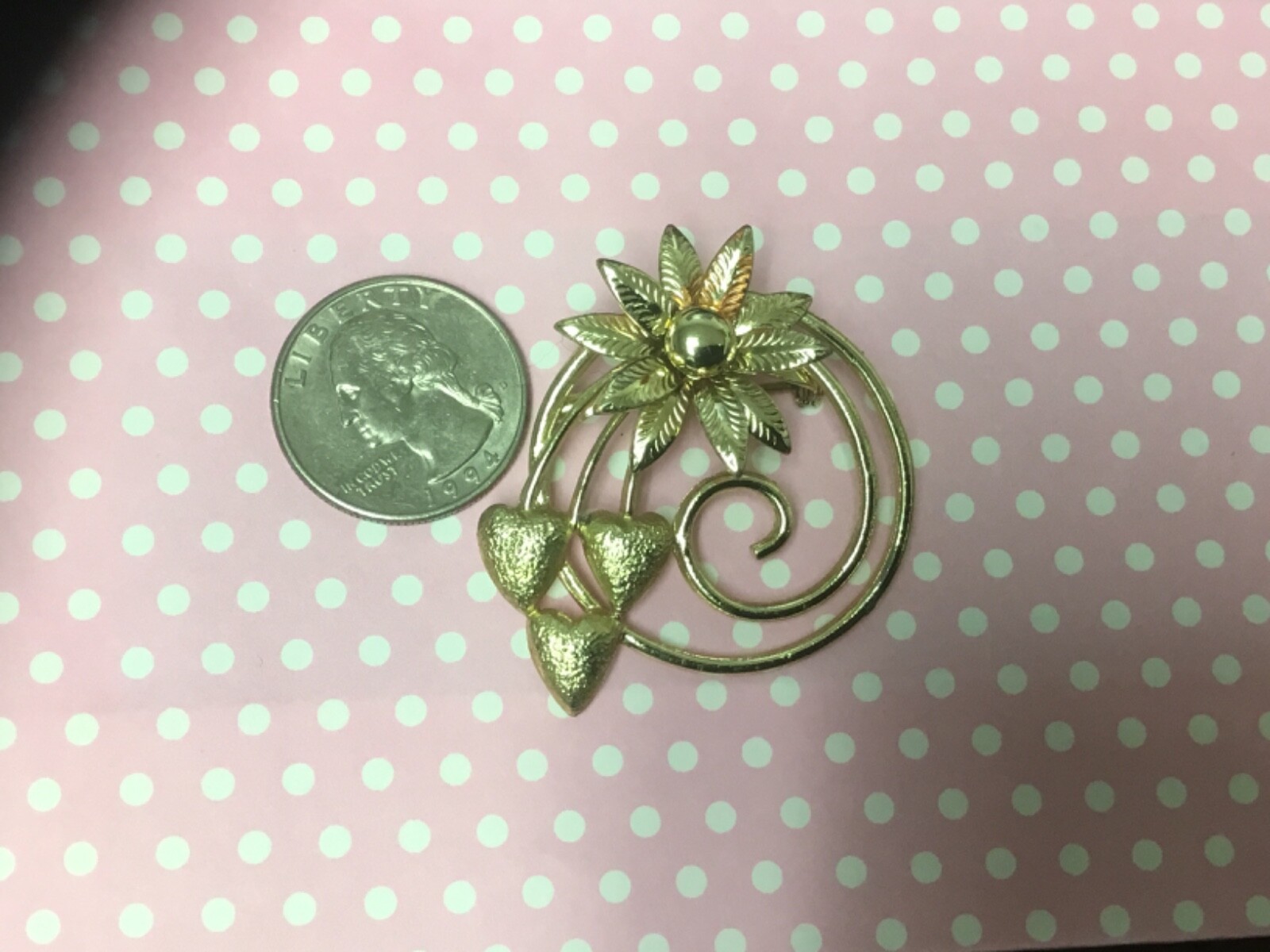 Vintage Hearts and Flowers Brooch, Gold Tone MCM Spiral Lapel Pin