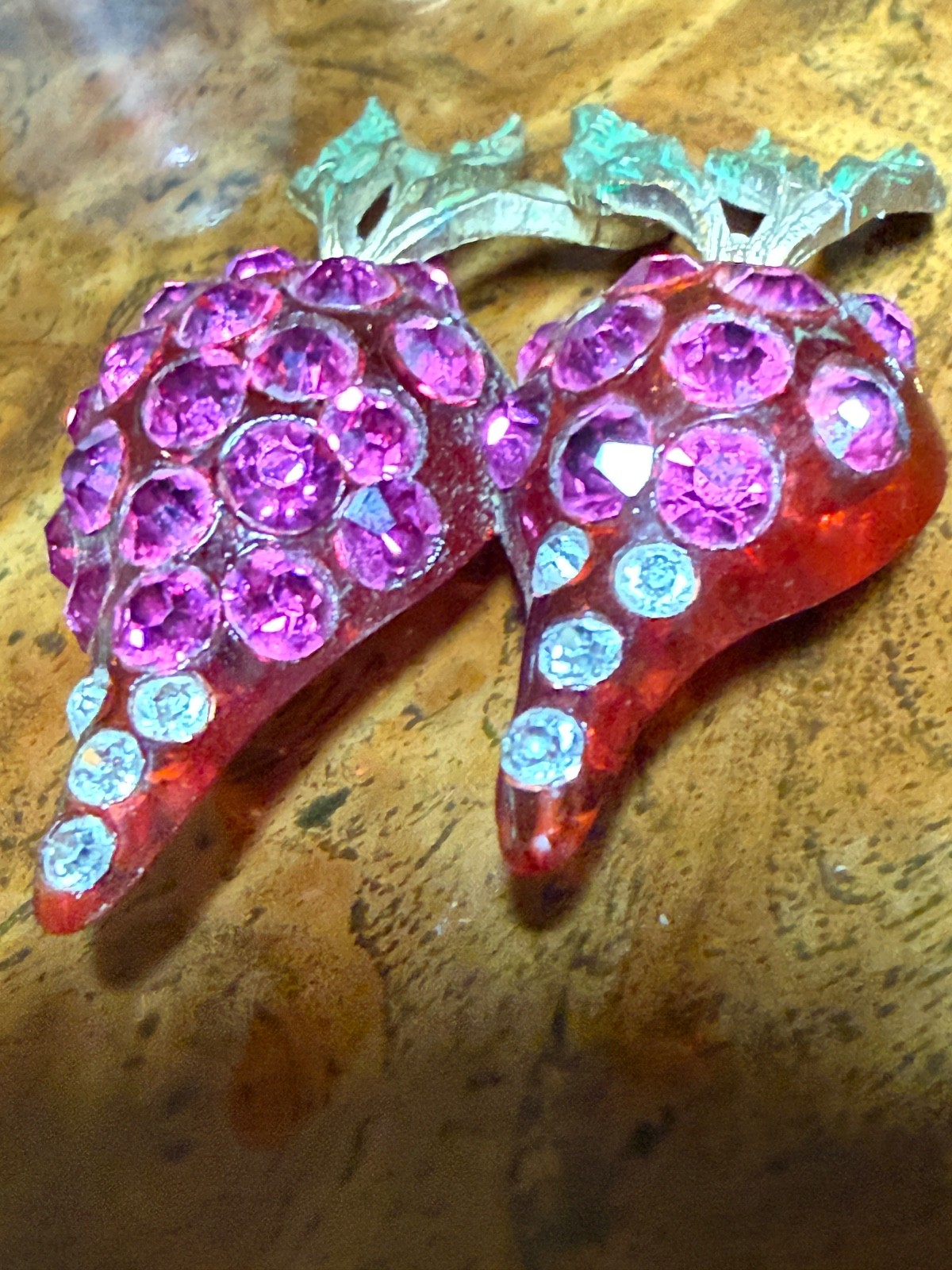 Vintage Forbidden Fruit radish brooch RARE lucite hot pink rhinestones enameled