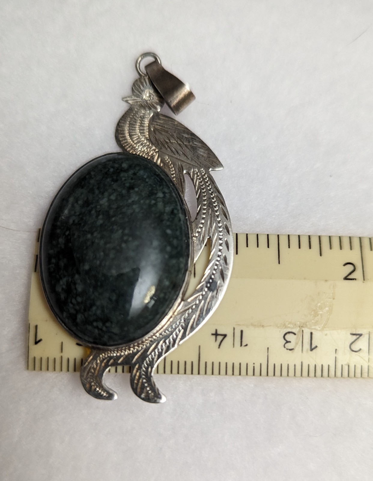 Quetzal Coutl Bird Pendant Sterling Silver Etch Oval Guatamalan Jade VTG