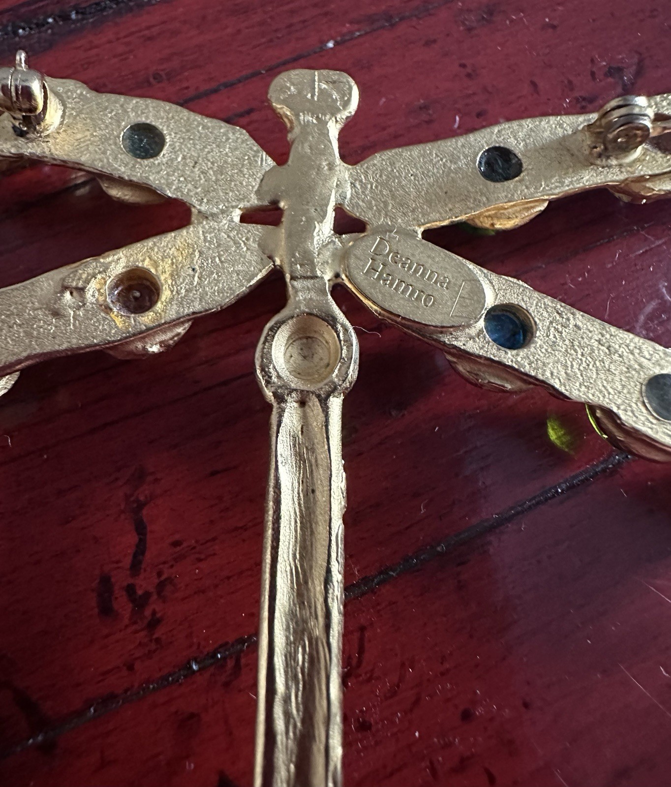 Deanna Hamro Gold Brooch Dragonfly 1980’s Poured Glass Gripoix Cabochon Pin