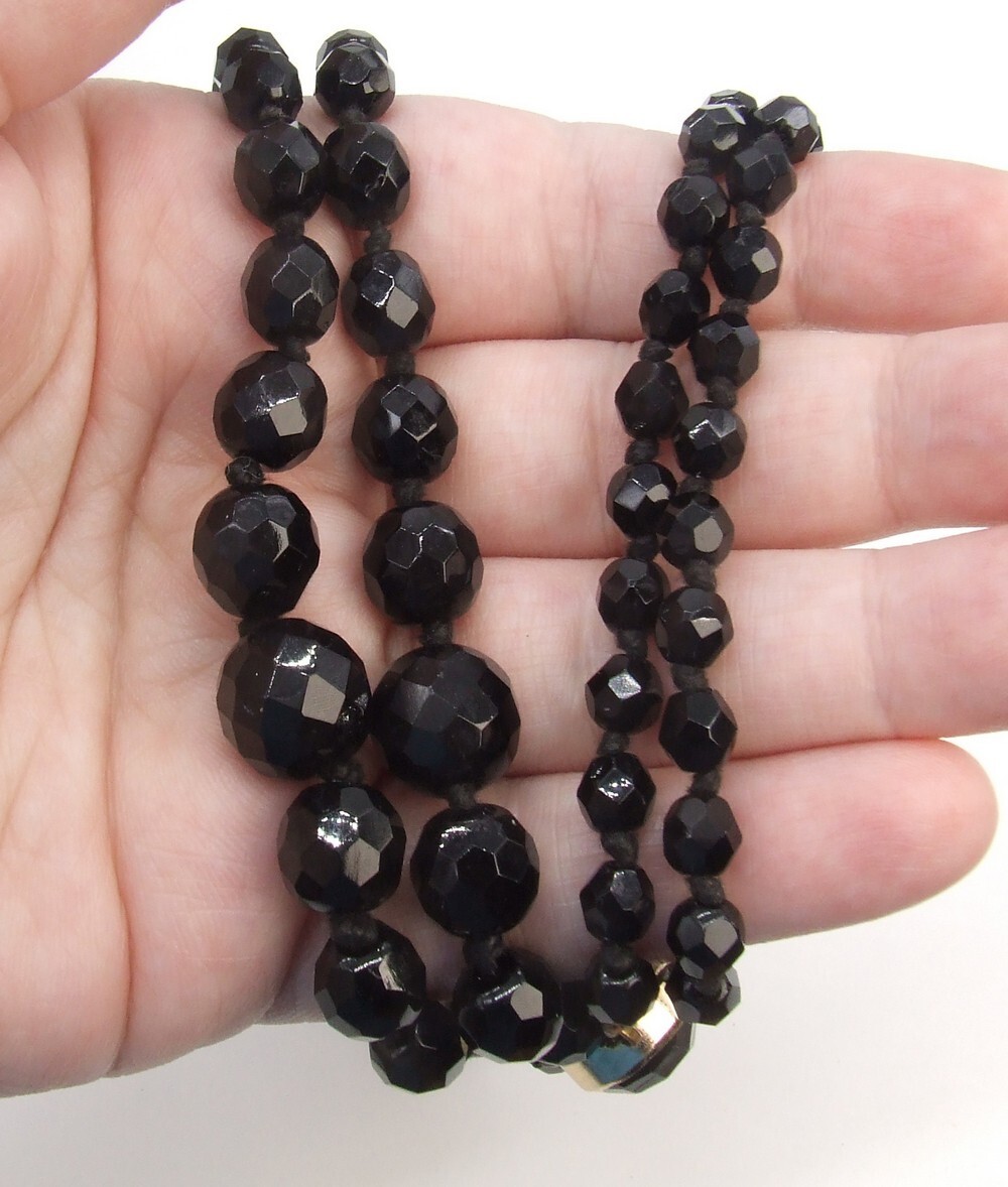 18″ Knotted Double Strand Austrian Black Faceted Crystal Bead Choker Necklace