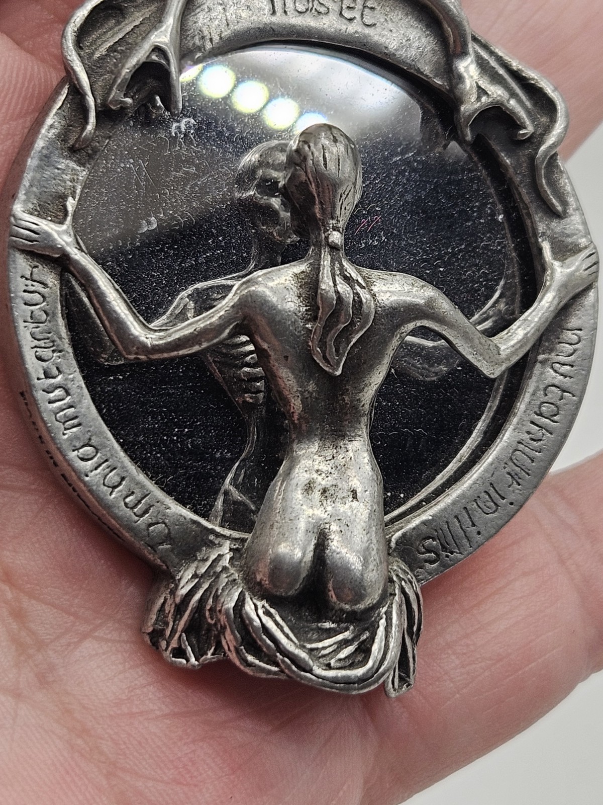 Vintage Alchemy Gothic Speculum Scull Lady Mirrored Pendant Necklace Pewter