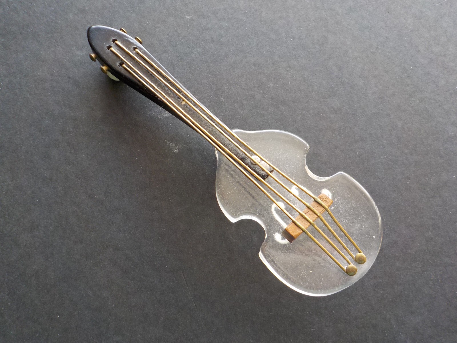 Vintage Black & Clear Lucite & Wood Fiddle or Violin Pin Brooch