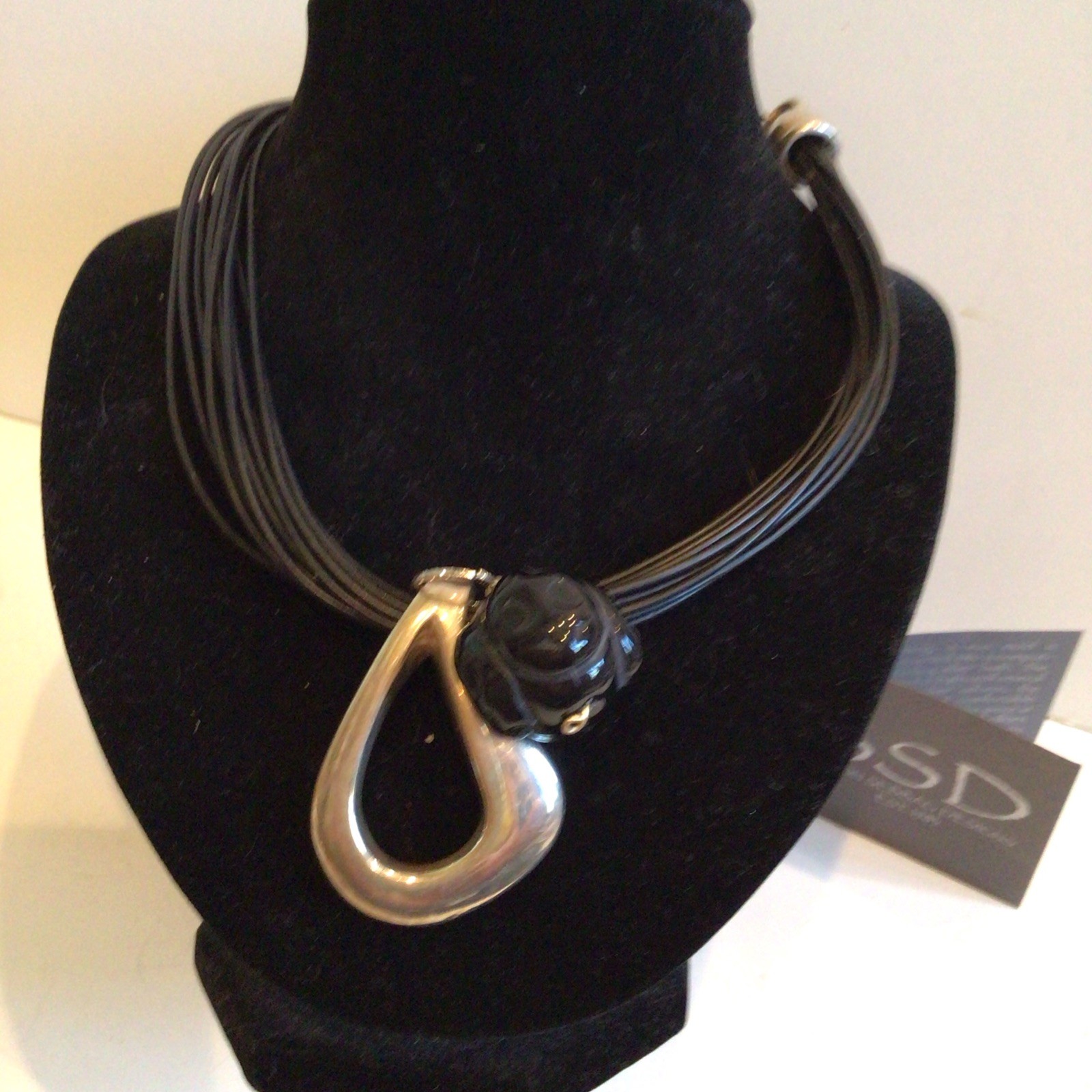 SPECIAL SEBBAG VON MUSULIN NECKLACE STERLING PENDANTS HUGE BLACK CUT BEAD LOVELY