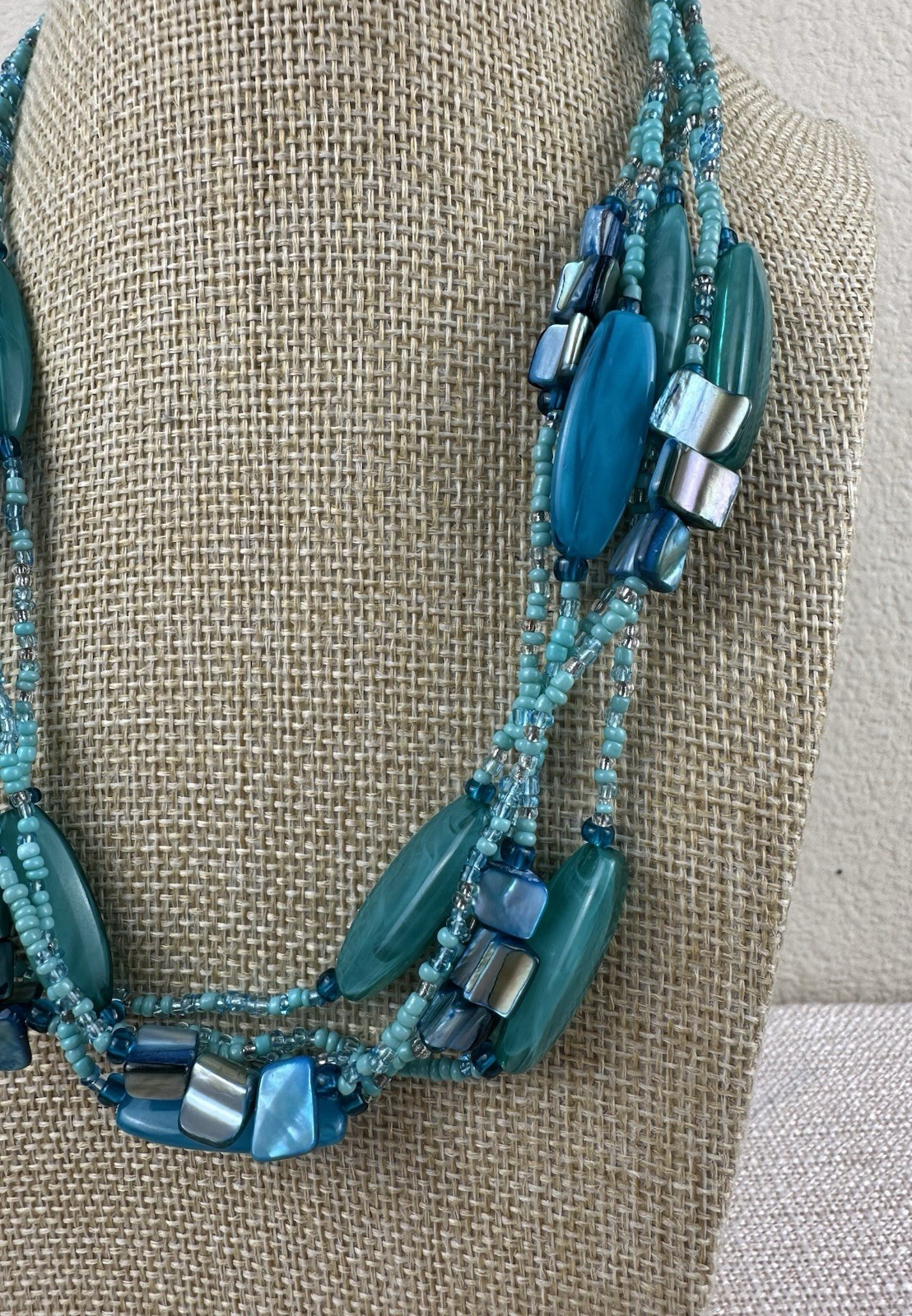 Multi Strand Necklace with Aqua Blue Dyed Abalone Shell & Acrylic Beads 18″-20″