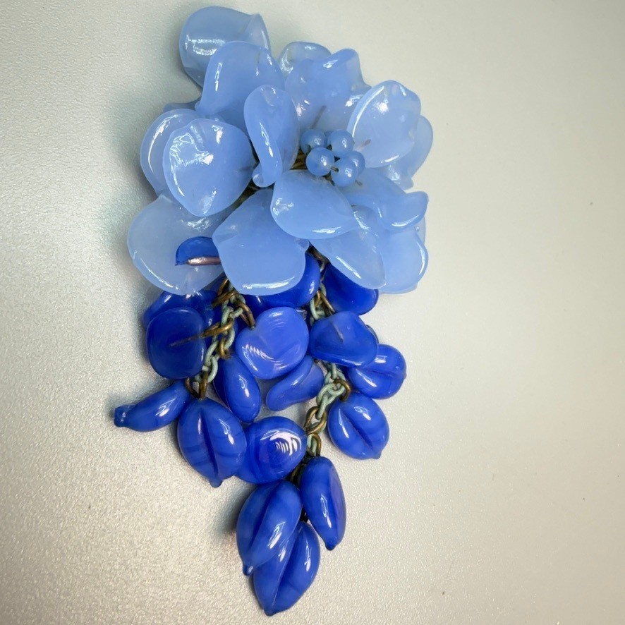 Miriam Haskell Book Piece Vintage Blue Glass Bead Floral Tassel Dress Clip READ