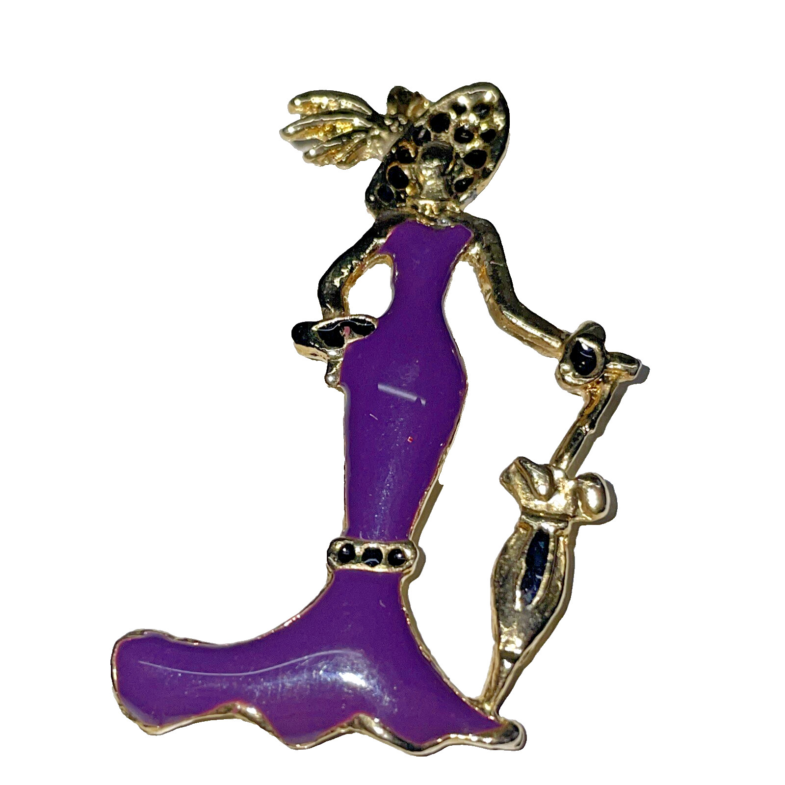 Vintage Woman Pin Brooch With Umbrella Gold Tone Purple Enamel Safety Pin Clasp