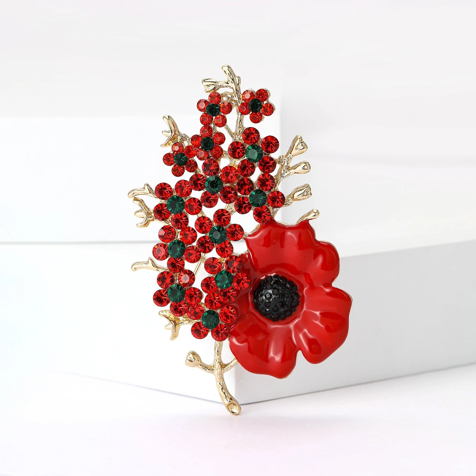 vintage diamond studded poppy flower brooch, elegant flower brooch for women