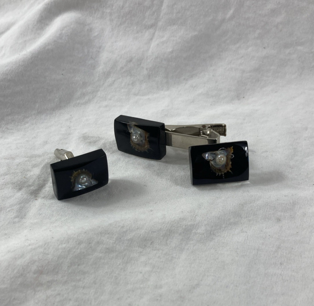 VTG Tie Clip Cuff Links Set Oyster Shell Pearl Inlay Black Resin Rectangle Japan