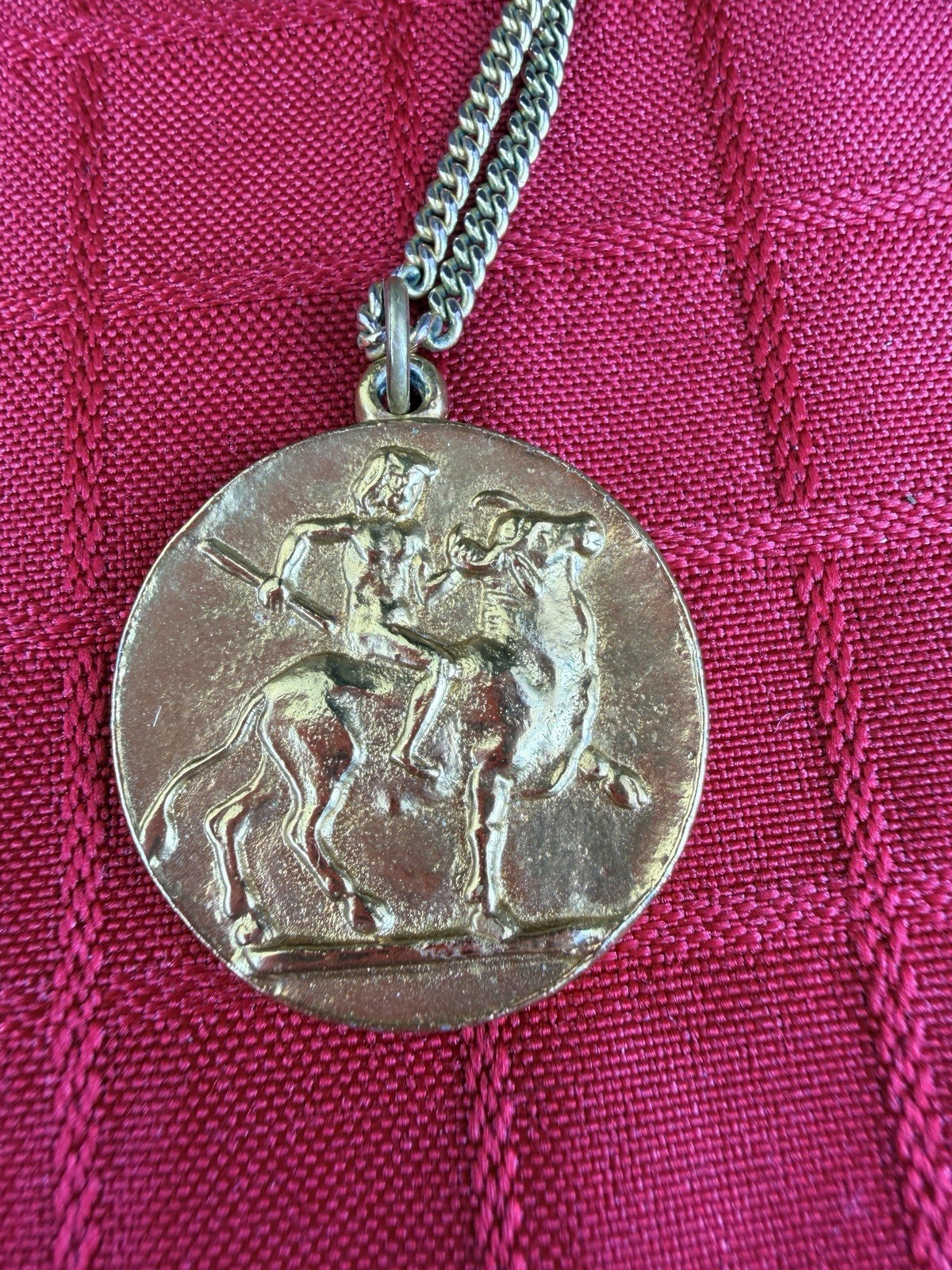 Alva Museum Replicas Gold Tone Youth Riding Bull Medallion Pendant Necklace 25”