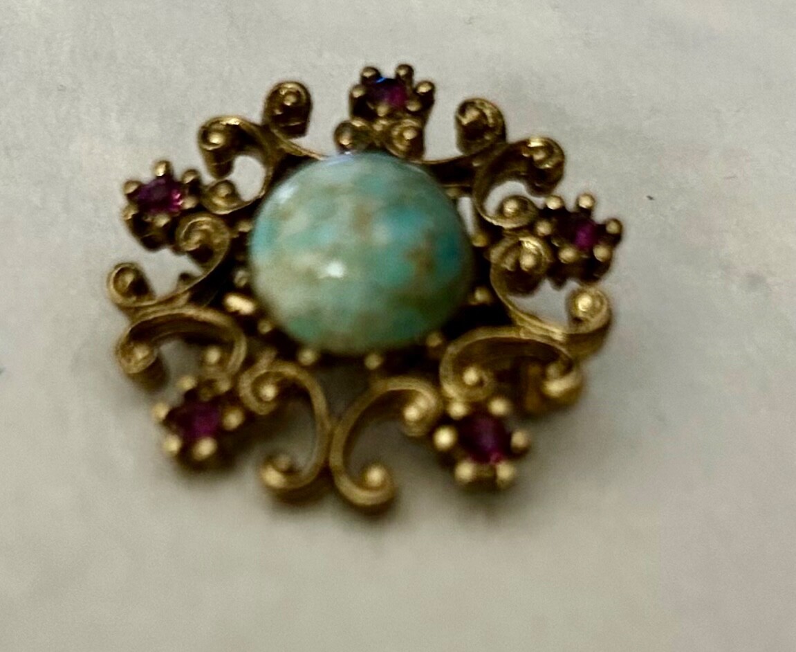 Vtg Gold Tone with Blue and Brown Speckled Stone with Small Purple Stones Brooch