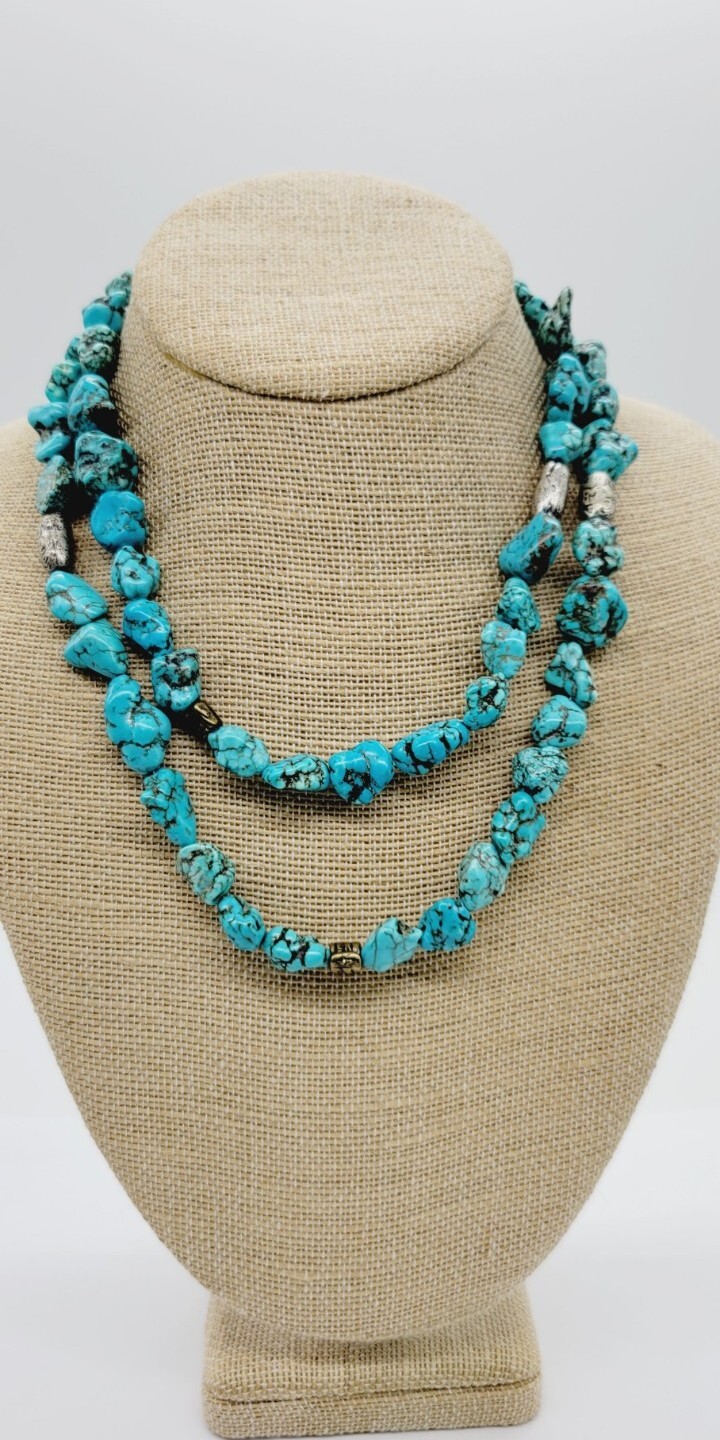 Coldwater Creek Faux Turquoise Stone Nugget Necklace Vintage 35 in