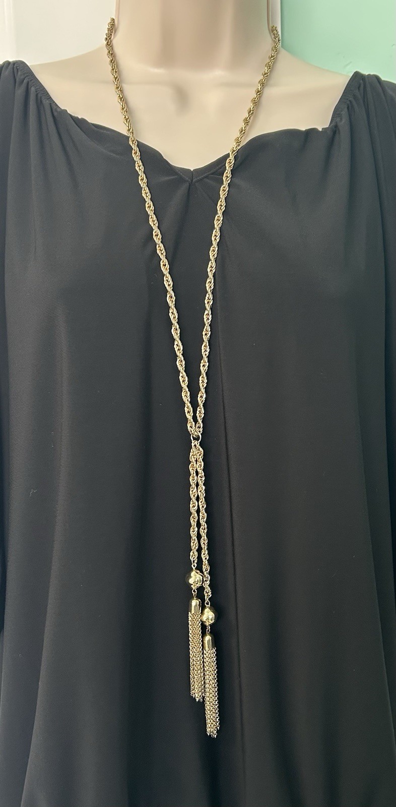 STUNNING GOLD PLATE VINTAGE THICK CHAIN NECKLACE LARIAT W/ CHAINS TASSELS ENDS