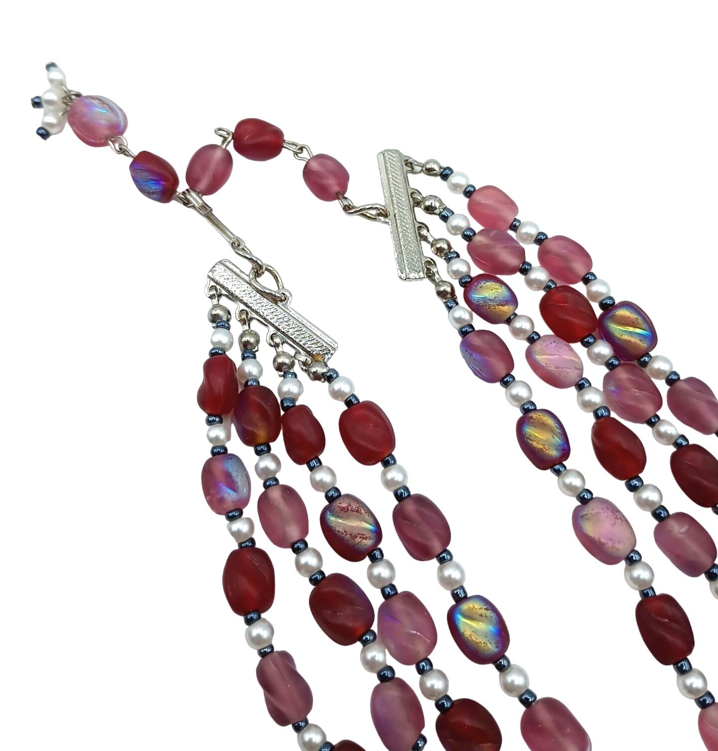 Vintage Glass Beaded Iridescent Necklace Pink Red Purple Four Strand Costume Jew