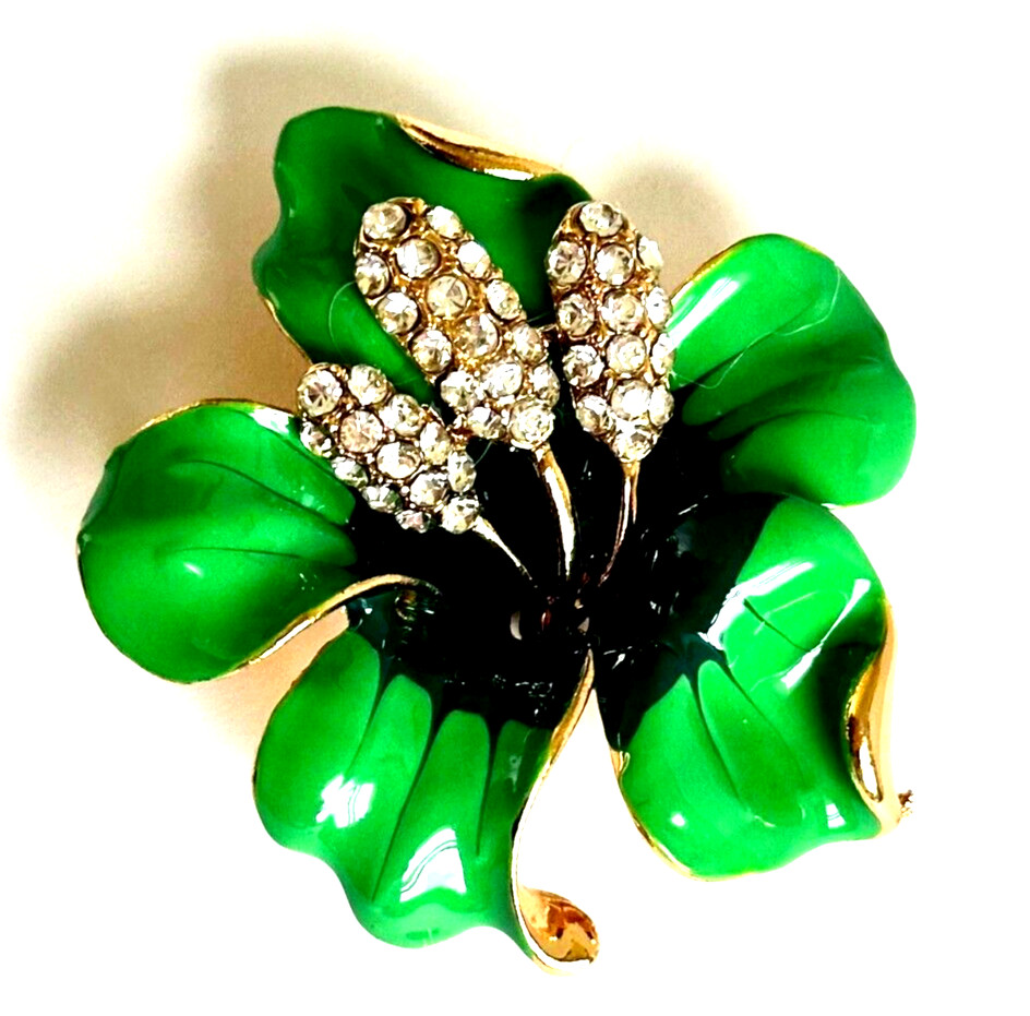 Bright & Dark Green Enamel Rhinestones Hibiscus Flower Brooch Contemporary