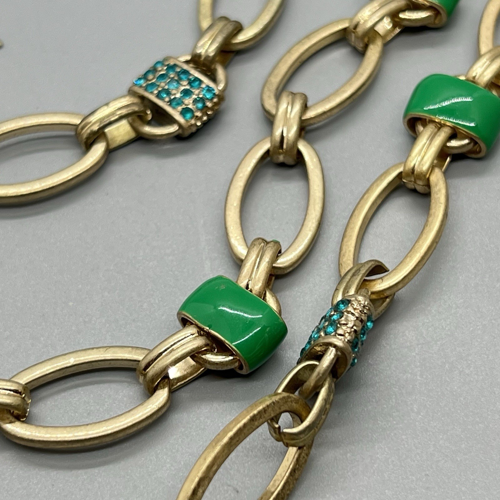 Coldwater Creek Green Enamel Blue Rhinestone Multi Strand Necklace Gold Tone